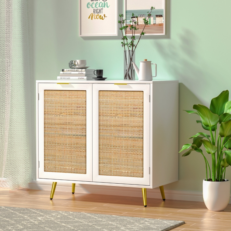 Rattan Cabinet with 2 Doors and Gold Metal Legs