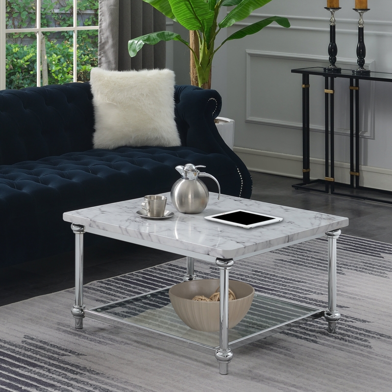 Rectangular Faux Marble Coffee Table with Glass Shelf