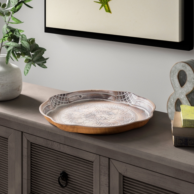 Farmhouse Round Tabletop Tray with Scalloped Edges