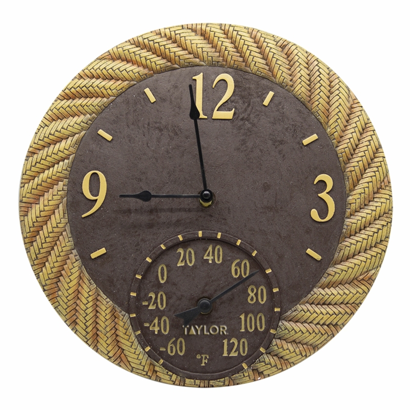Hand Painted Rattan Thermometer and Clock Combo