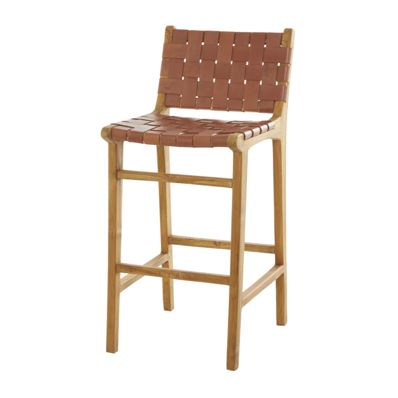 Teak Wood Woven Leather Seat and Back Bar Stool with Beam Footrest