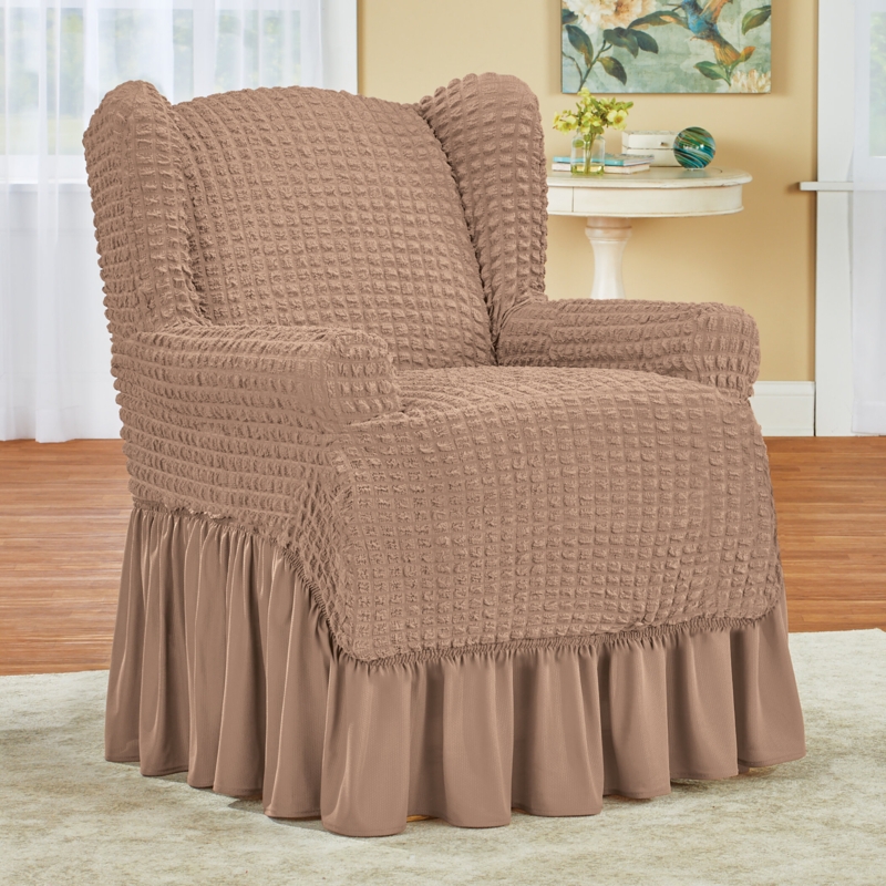 Textured Stretch Slipcover with Ruffled Skirt