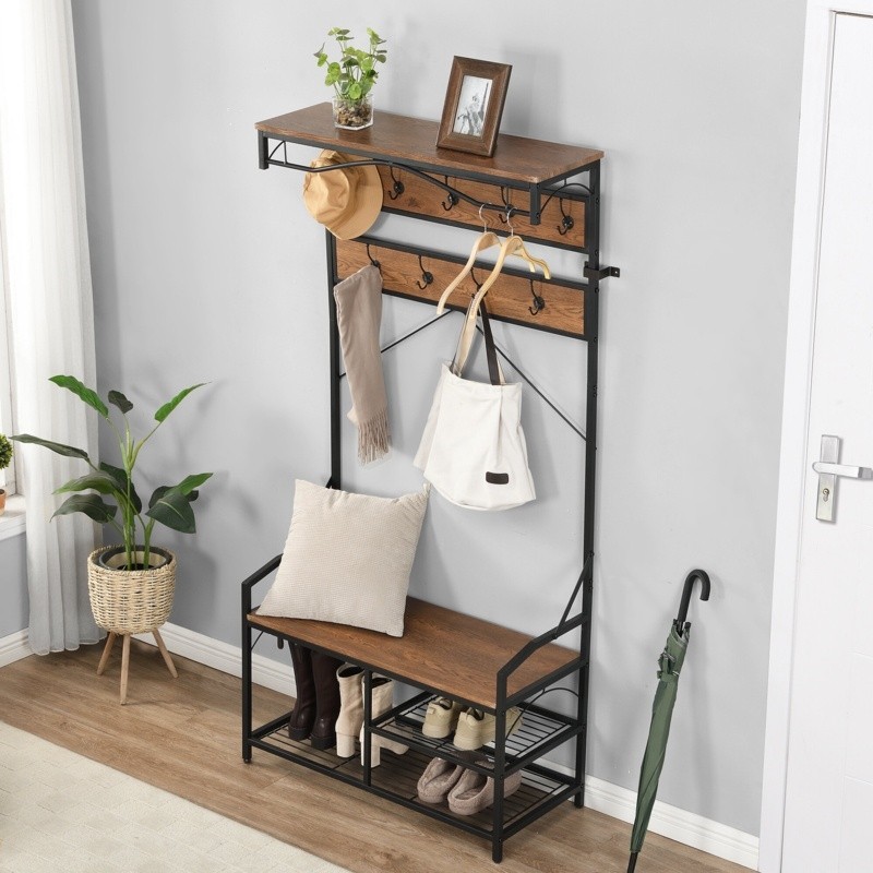 Thivya 36.2'' Wide Iron Hall Tree with Bench and Shoe Storage