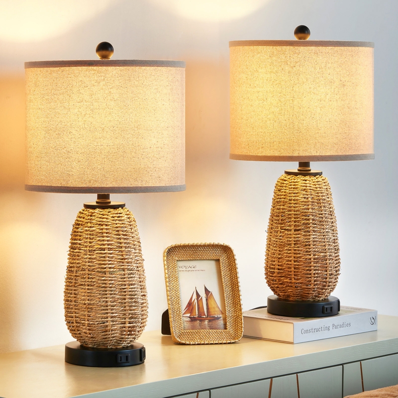 Rattan Table Lamp Set with Touch Switch and USB Ports