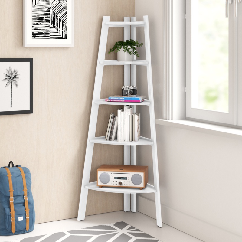 Corner Wooden Bookcase with Five Descending Shelves