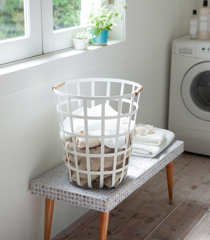Compact Steel Laundry Basket with Wooden Handles