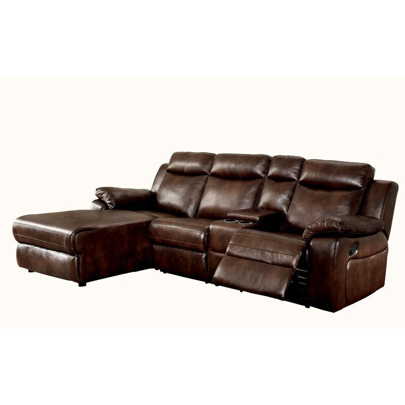 Traditional Brown Leather Chaise Sofa With Recliner 