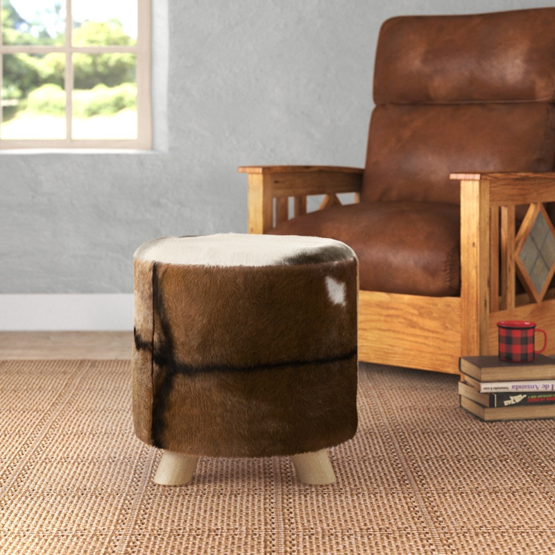 Round Cowhide Ottoman with Teak Wood Base