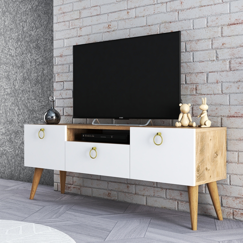 Mid-Century Modern TV Stand with White Cabinet Doors