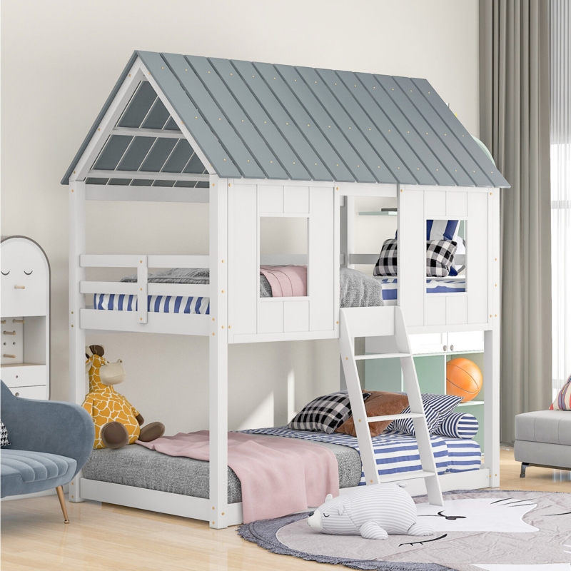 Kids House Bunk Bed Twin Over Twin with Roof