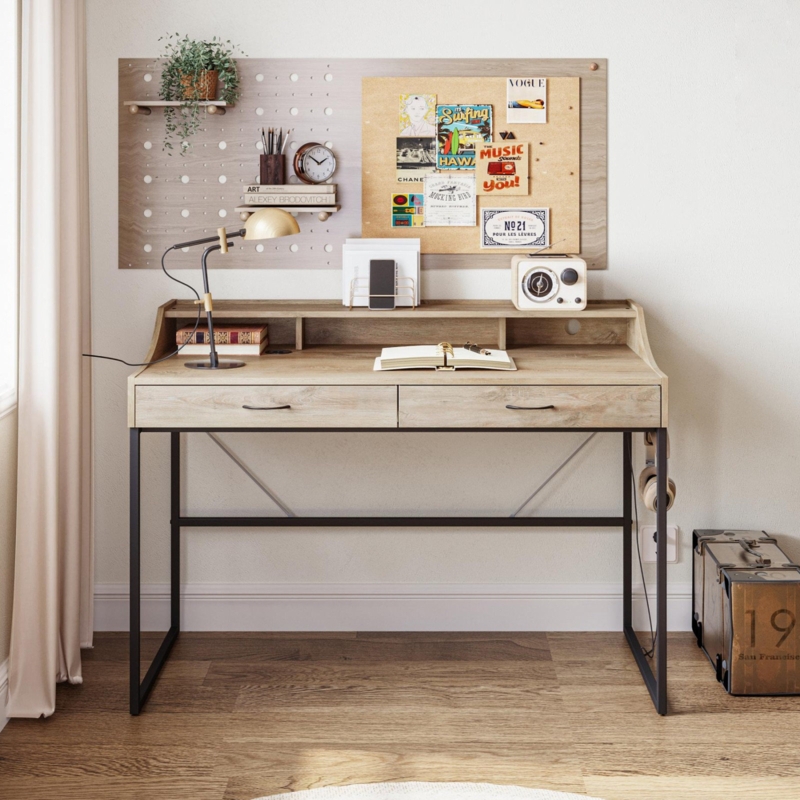 Two-Drawer Desk with Top Shelf and Metal Brackets