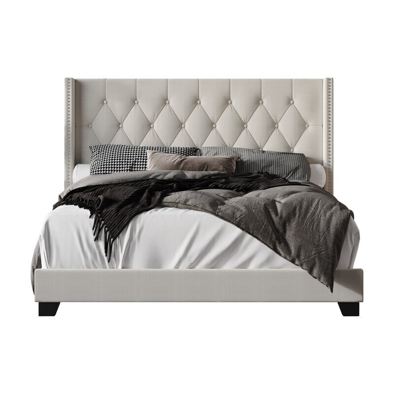 Upholstered Low Profile King Bed Frame with Headboard