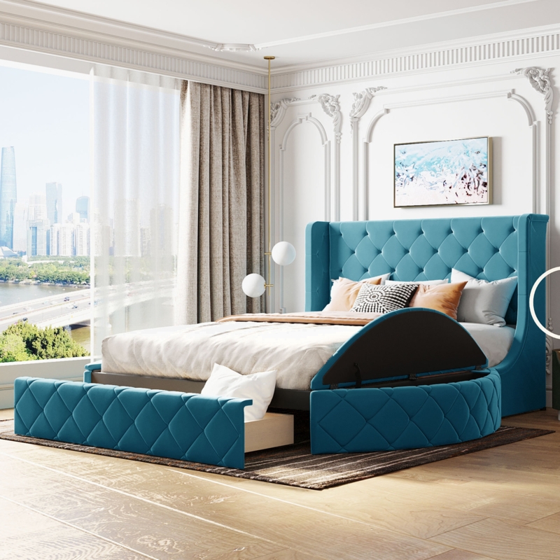 Velvet Upholstered Bed with Storage