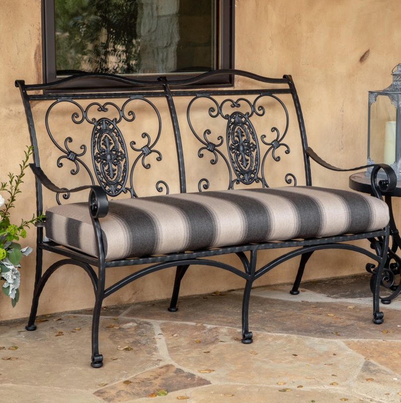 Ornate Iron Outdoor Bench with Cushion