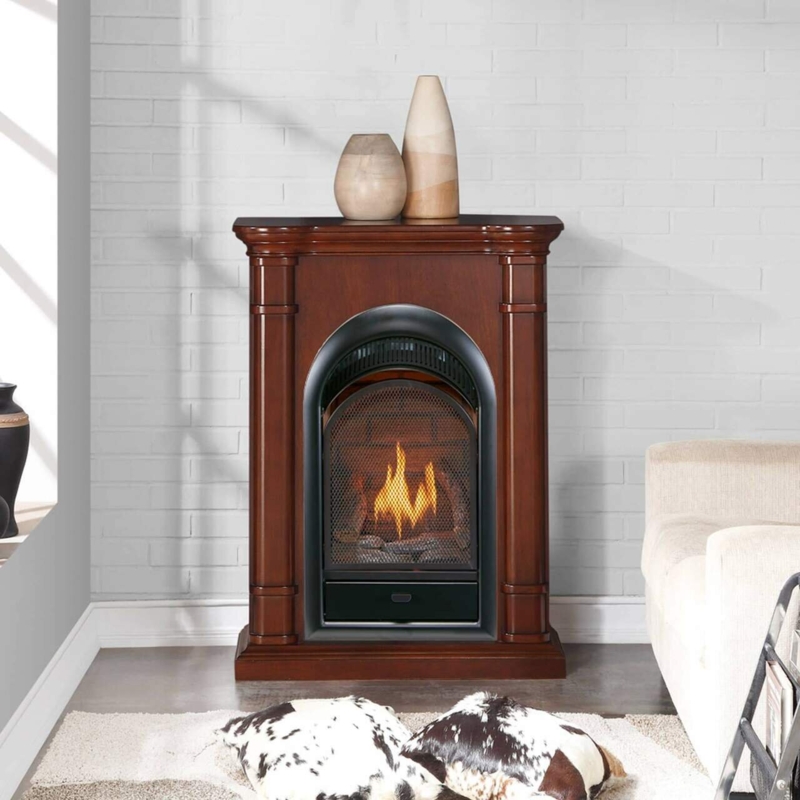Compact Fireplace with Mantel and Arched Gas Insert