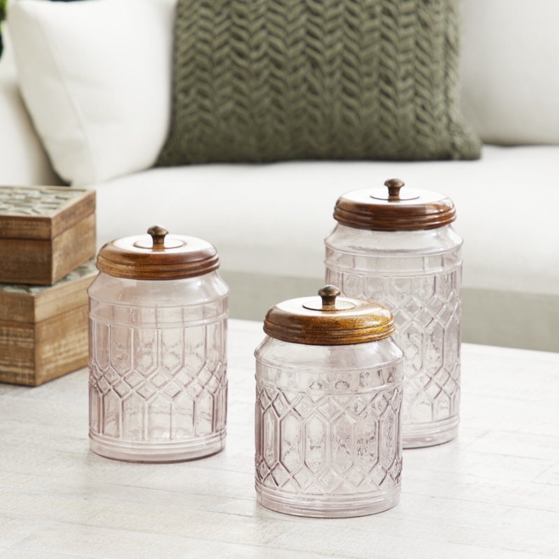 Farmhouse Decorative Glass Jars with Wooden Lids, Set of 3
