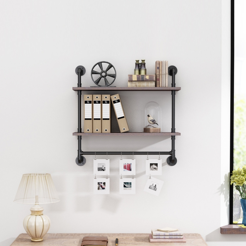 Industrial Wall Shelf with Rustic Pipe Design