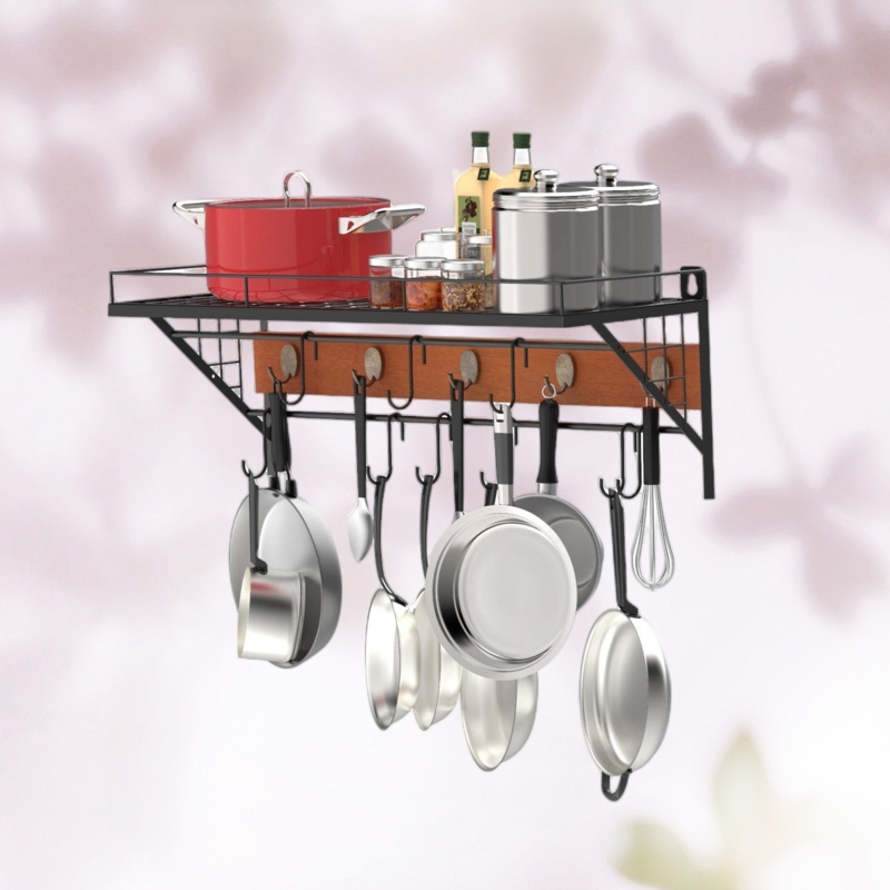 2-Tier Hanging Kitchen Cookware Rails with Floating Shelves