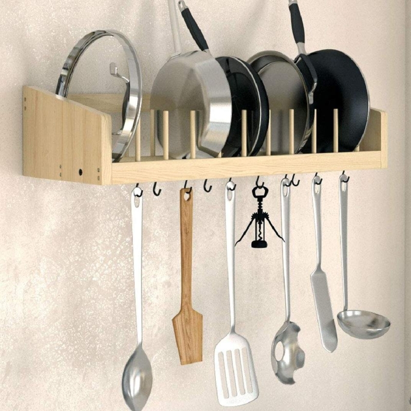 Wall Mountable Wooden Kitchen Rack with Metal Railing