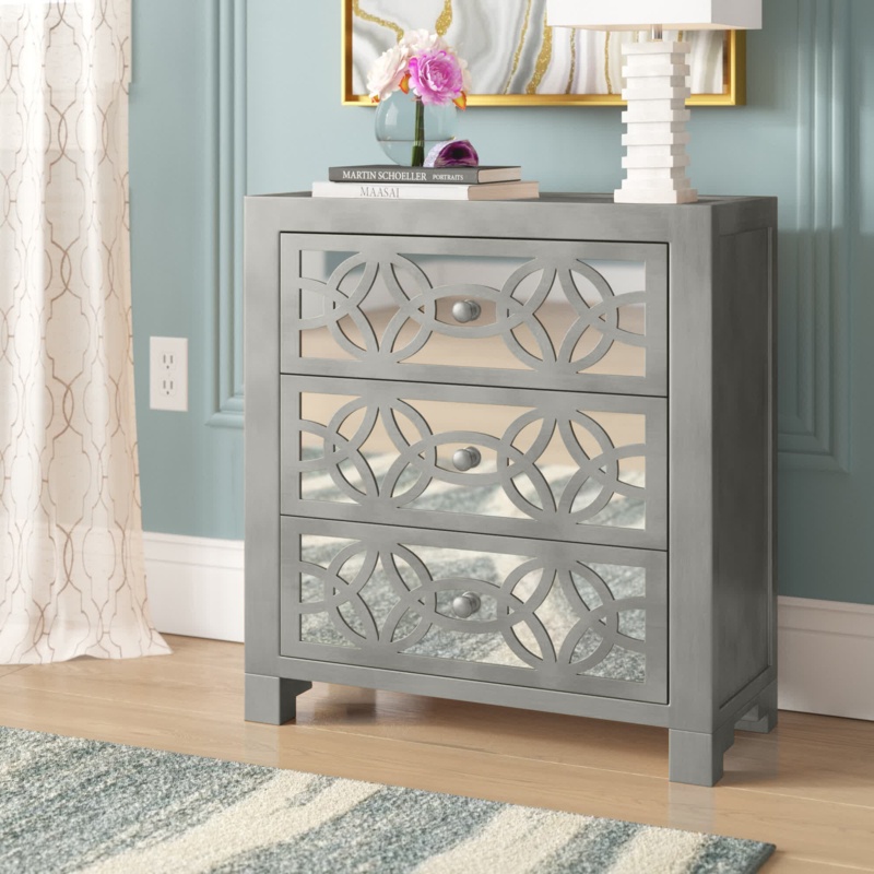 3-Drawer Mirrored Accent Chest with Geometric Wood Pattern
