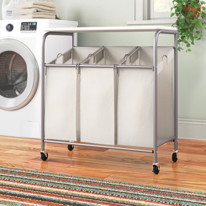 Silver 3-Bag Laundry Hamper with Ironing Board Top