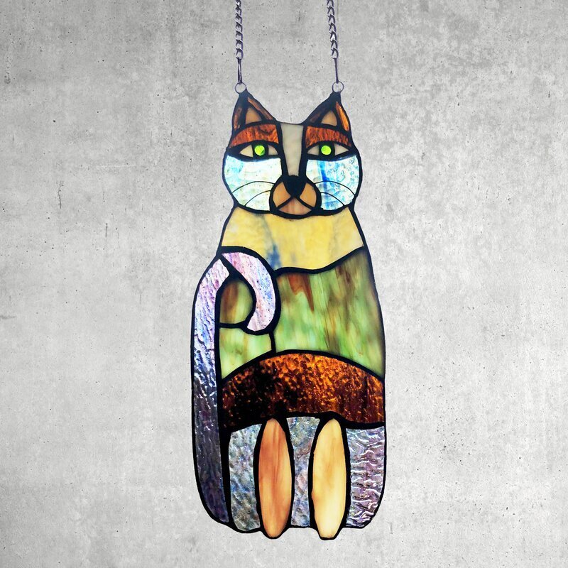 Whimsical cat shaped stained glass wall decor