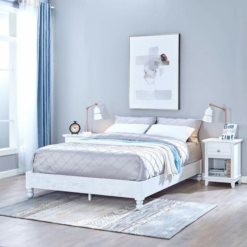 White Washed Wood Bed Base Queen