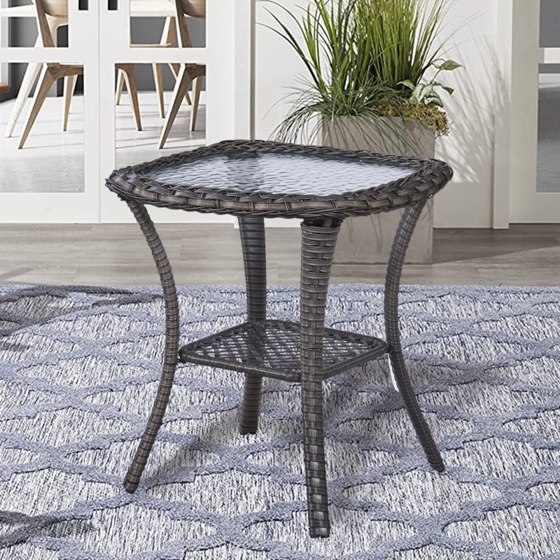 Two-layer Rattan Side Table with Mosaic Glass Top