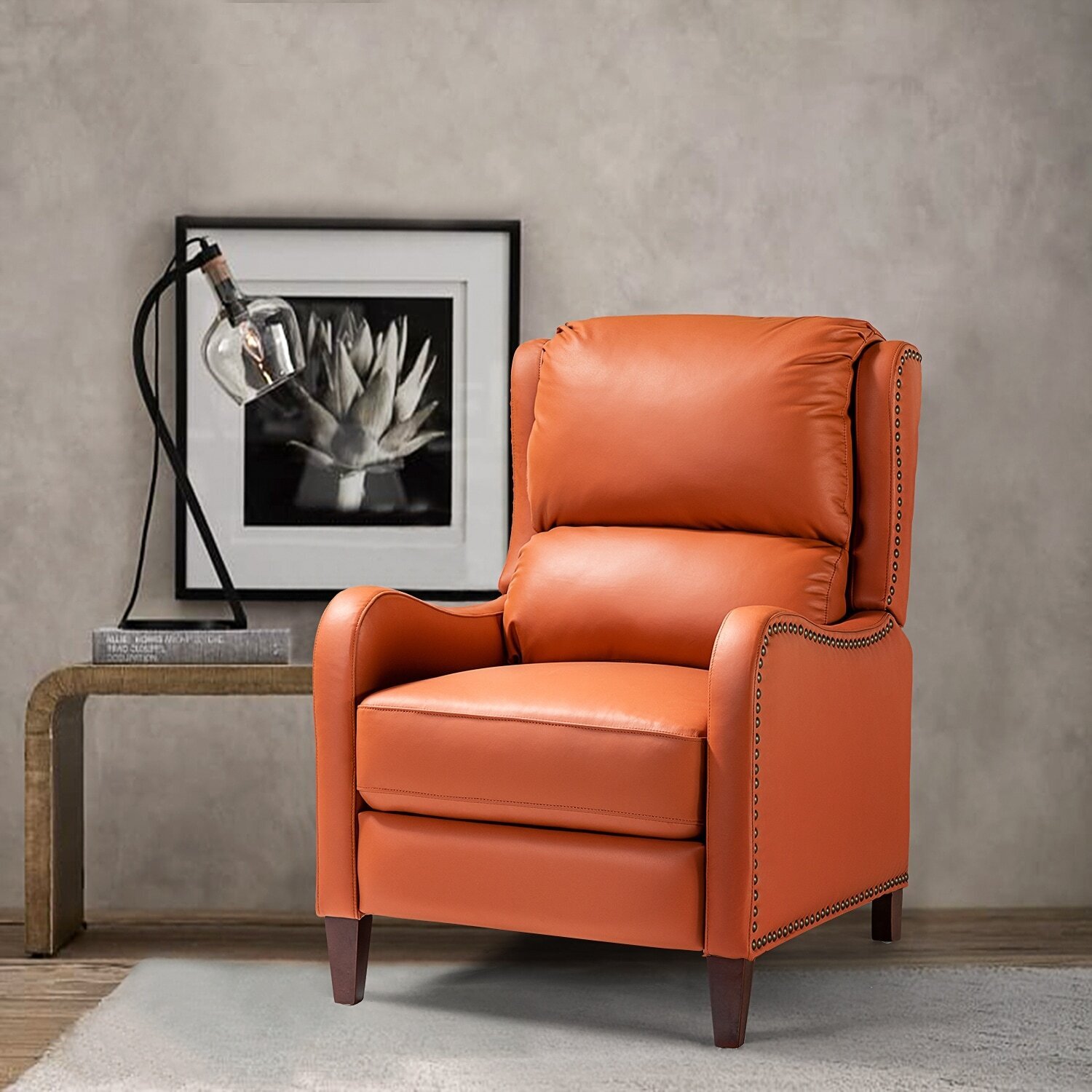 Wingback Leather Recliner With Scroll Armrests