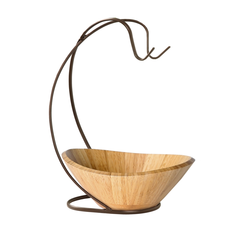 Premium Bamboo Fruit Bowl with Banana Hook Steel Wire Tree Holder