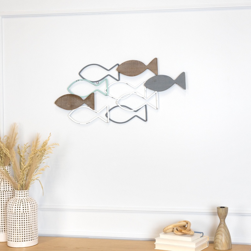Wood and Metal School of Fish Wall Décor