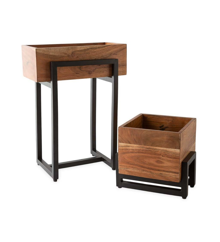 Acacia Wood Planter Set with Iron Stands