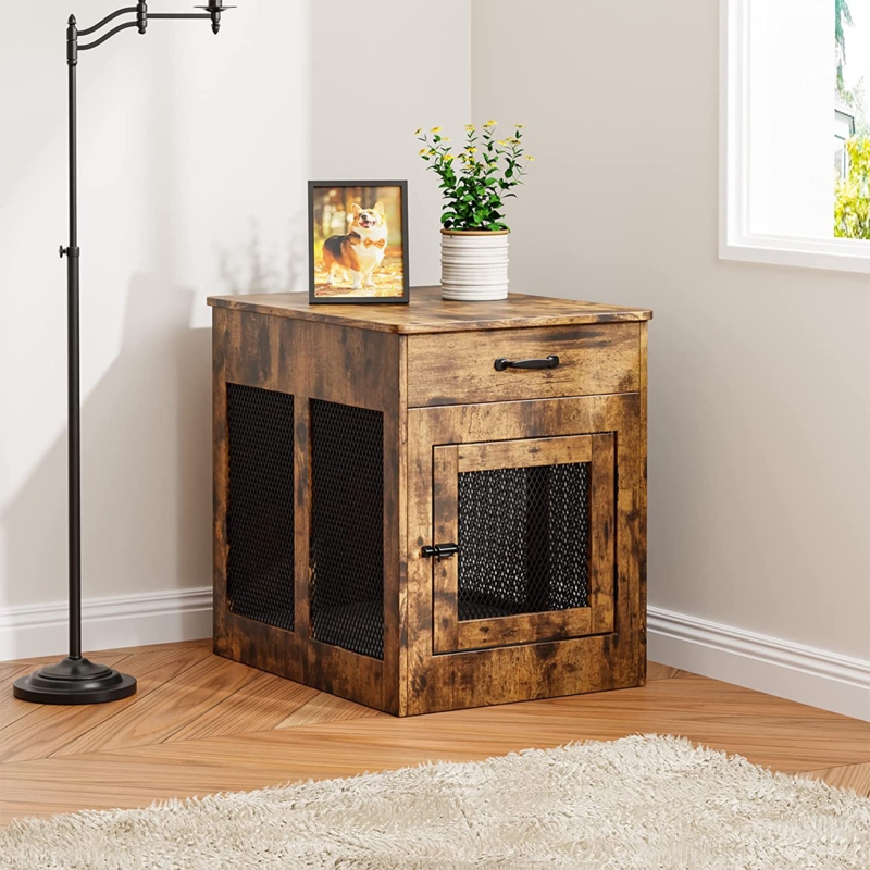 Wooden End Table Dog Crate with Cushion