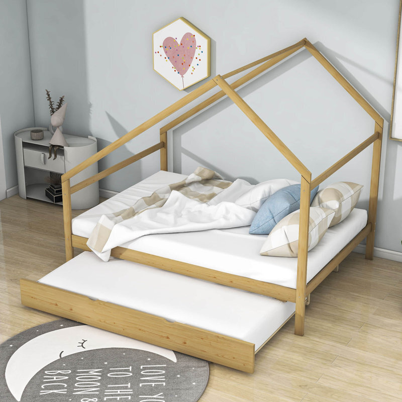 Wooden House Platform Bed With Trundle