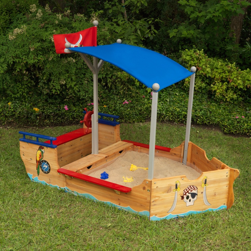 Wooden Pirate Sandbox with Canopy, Covered Kid's Sandbox, Blue & Red