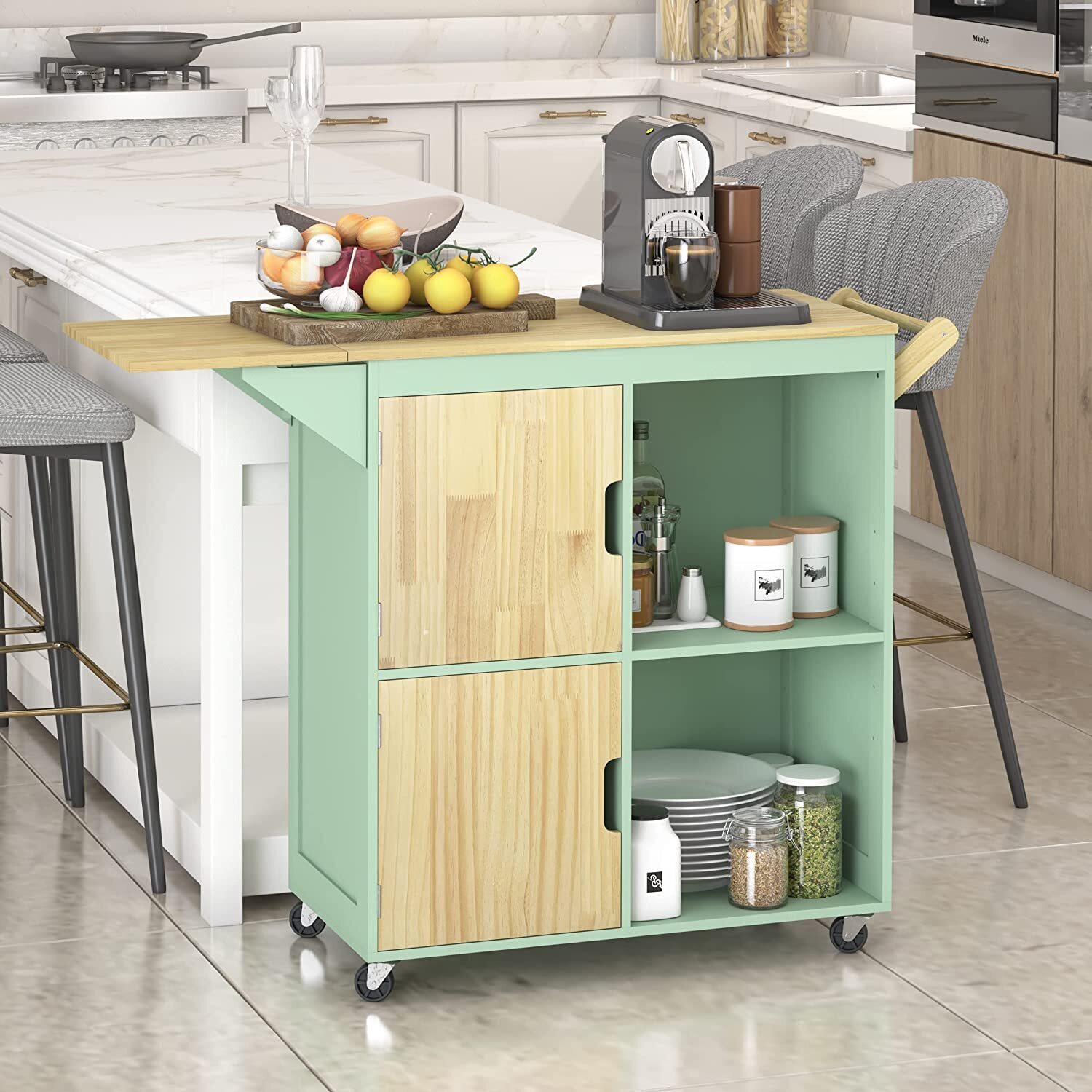 Wooden Rolling Kitchen Island With Drop Leaf