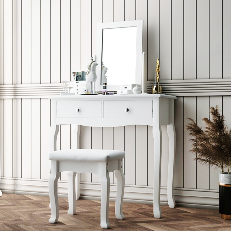 Wood Vanity Table with Rotating Mirror and Drawers