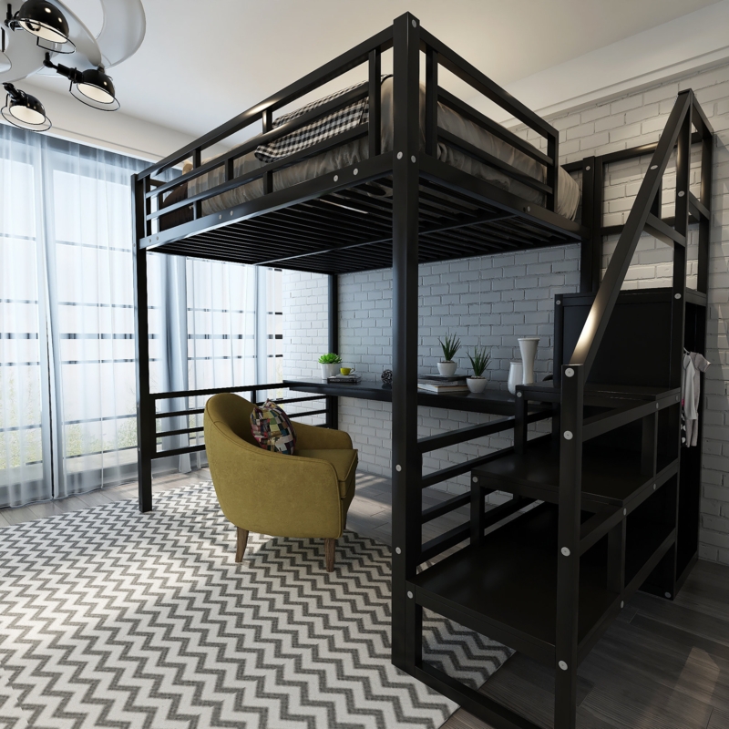 Metal Loft Bed with MDF Stairs and Storage