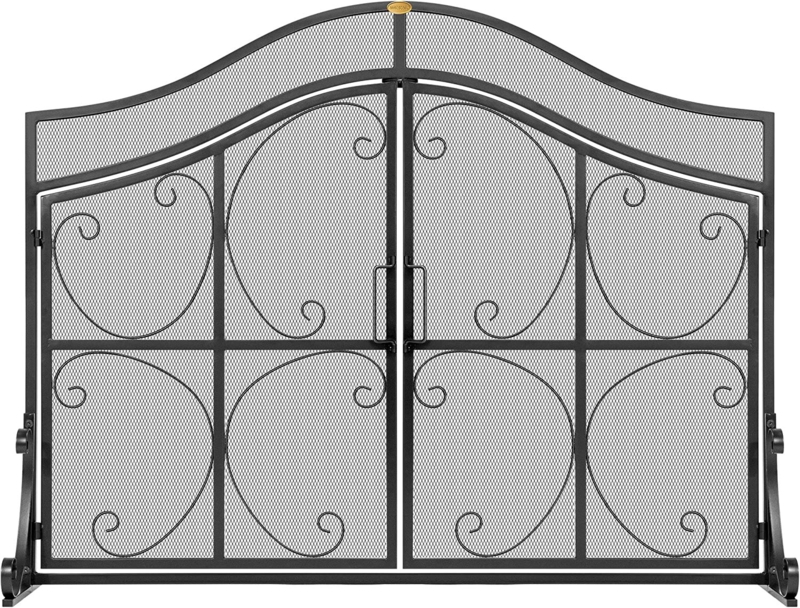 Wrought Steel Fireplace Screen with Scrollwork Design
