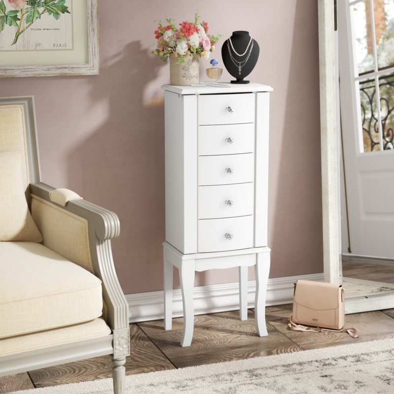 Petite White Jewelry Armoire with Faceted Drawer Pulls
