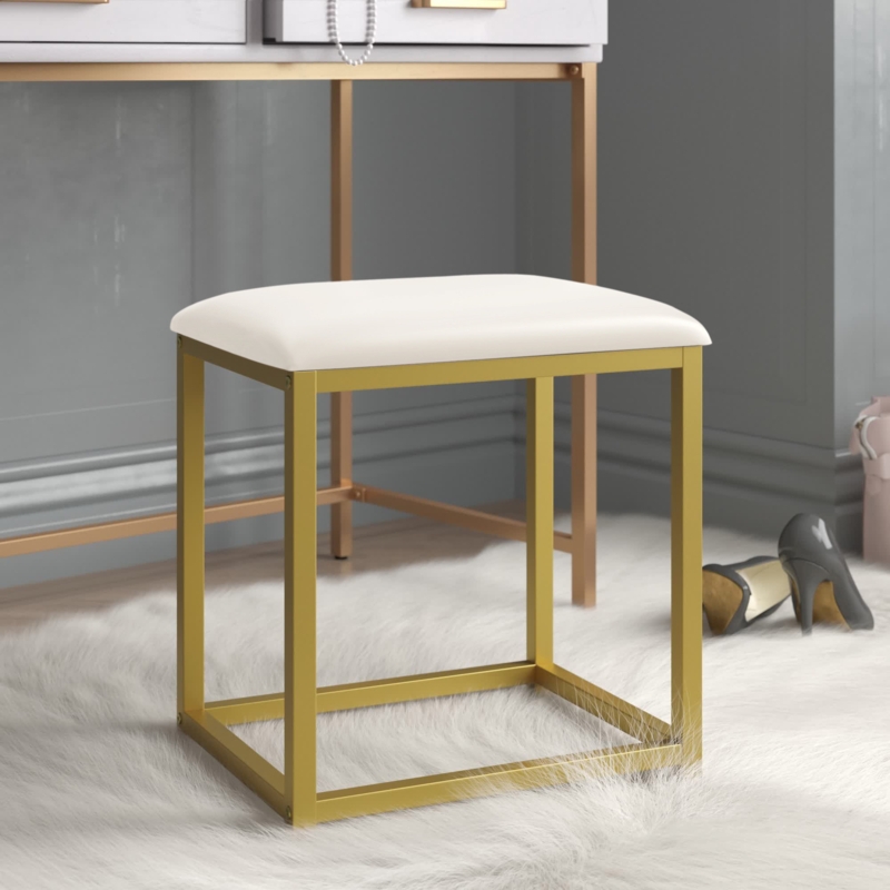 Chic Gold Iron Accent Stool with Leather Cushion