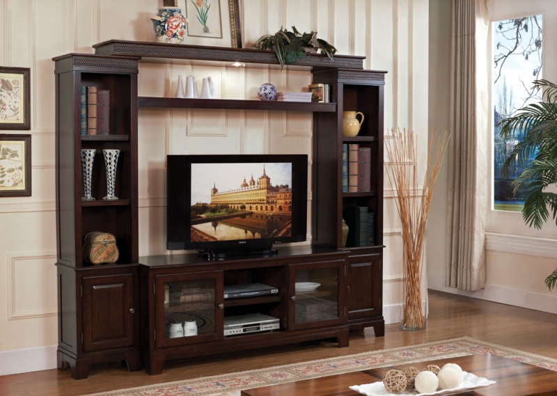 Transitional Entertainment Center with Lighted Shelves
