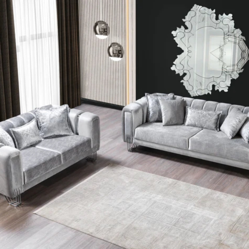 Silver Velvet Sofa Loveseat Living Room Set