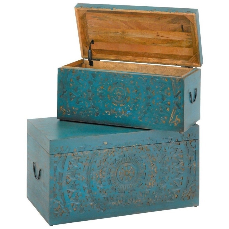 Distressed Blue Lace Carved Rectangular Trunk Set of 2