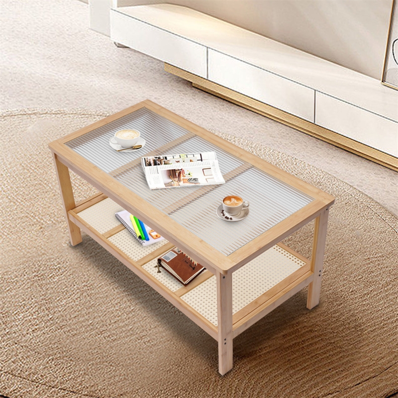 Rectangular Coffee Table with Figured Glass and Rattan Weave