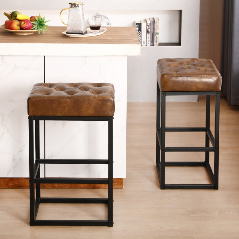 Set of 2 Industrial Bar Stools with Tufted Design
