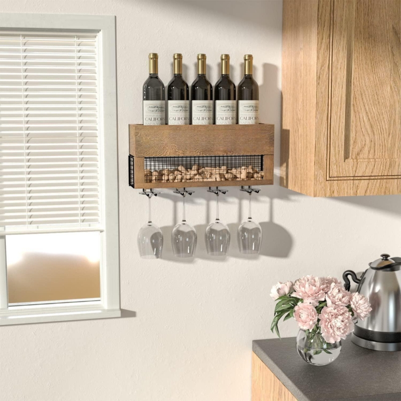 Wall Mounted Wine Rack with Glass and Cork Storage