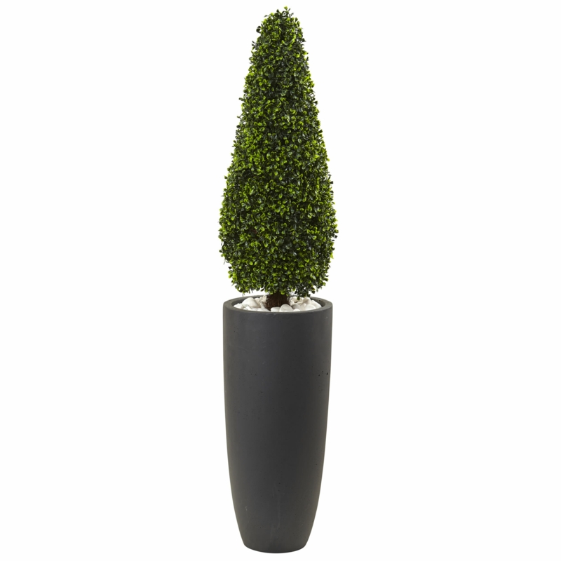 Lush Cone-Shaped Topiary with Gray Cylinder Planter