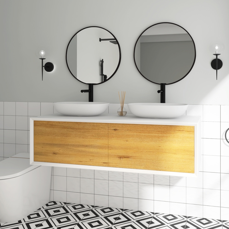 Wall-Mounted Double Bathroom Vanity with Vessel Sinks