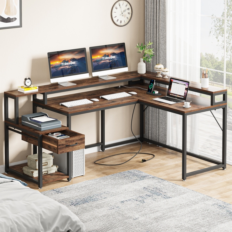 L-Shaped Corner Desk with Built-in Socket